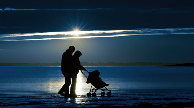 Silhouette of elderly couple pushing stroller by lake at dusk, sunset glow tranquil warm three generation family scenery