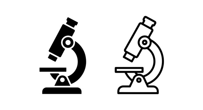 Science microscope icons set in solid and linear style with microscope, research