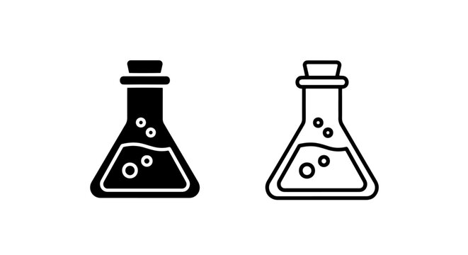 Erlenmeyer flask icon set with boiling chemical liquid vector illustration