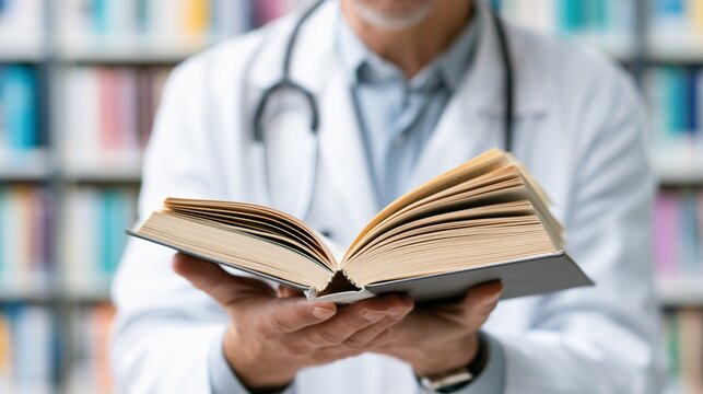 Close-up doctor reading medical book in professional workspace