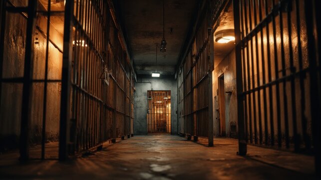 Prison cell corridor with metal bars and lighting