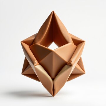 Orange origami stellated octahedron. Smooth surfaces, sharp edges, geometric form. Minimalist studio shot, soft lighting, white background.