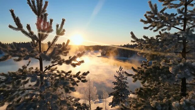 Sunlit frosty trees frame a steaming winter lake at dawn