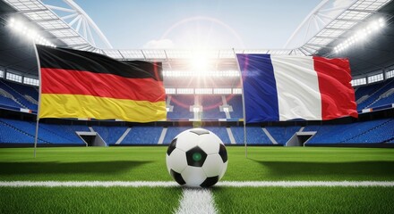 Fototapeta premium Germany vs France International Soccer Match Concept with Ball on Pitch and National Flags in Stadium