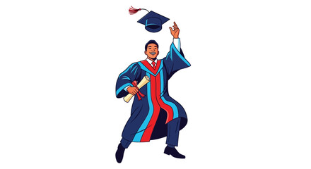 Fototapeta premium Young man in graduation gown throwing cap in the air celebrating