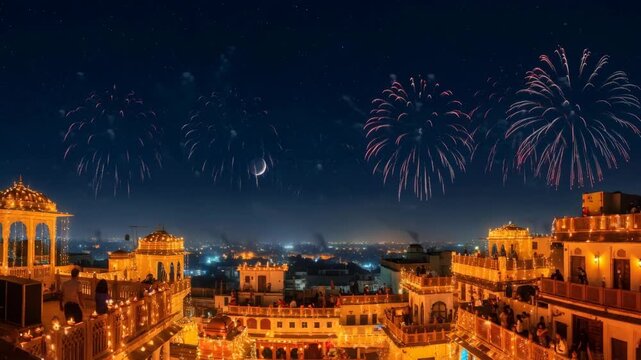 Night celebration with fireworks over an Indian city, people watching from rooftops with traditional oil lamps glowing for a holiday