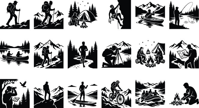 Collection of outdoor adventure and wilderness activity icons, featuring hiking, camping, mountain biking, and nature exploration silhouette designs