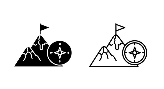Mountain peak and compass navigation icons in solid and line art style
