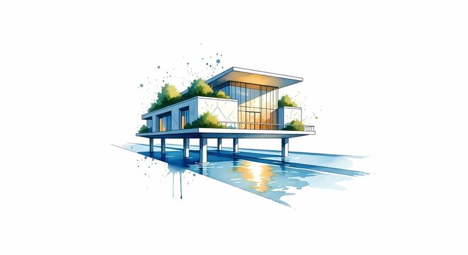 Modern Waterfront House Architecture Sketch Illustration, Contemporary Stilts Villa Design