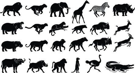Set of African wildlife animal silhouettes featuring lion, elephant, giraffe, zebra, rhino, and other safari animals, vector © MdSaiful