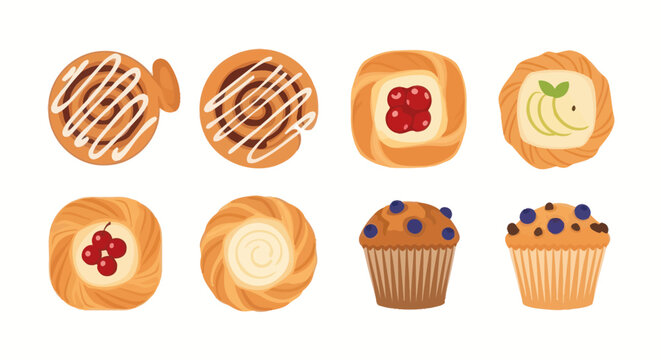 Assorted sweet pastries including muffins and danish rolls.