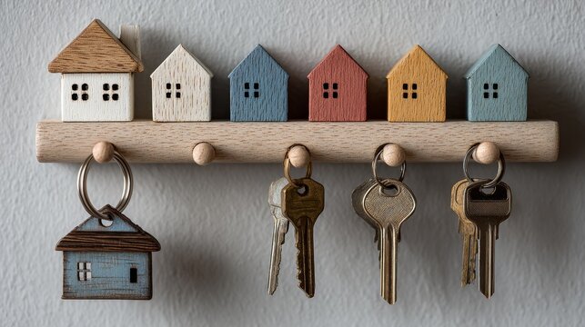 Colorful wooden house shaped key hook mounted on a white wall with a single set of keys hanging, other hooks empty, minimalist composition conveying living alone and simple home lifestyle concept