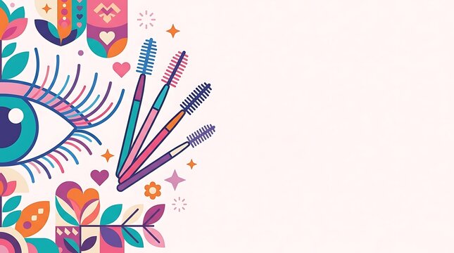 Eye with colorful mascara brushes and decorative floral patterns