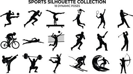 Set of diverse sports silhouettes featuring dynamic athletic poses for various activities, games, and fitness training, vector illustration © MdSaiful