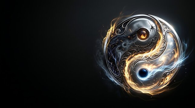 Ornate metallic yin yang symbol with elemental energy effects
