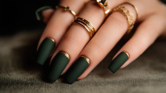 A hand displays dark green matte nails, adorned with delicate gold rings. The relaxed setting features soft lighting, highlighting the nail art and jewelry beautifully.