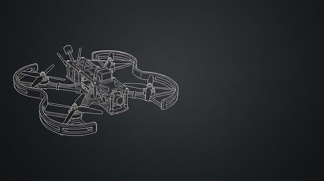 Fpv racing drone wireframe outline on dark background