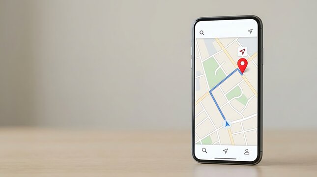 Modern mobile phone showing gps navigation map with travel route