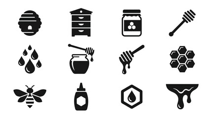 Honey Icon Set Black and White Sweet Liquid Droplets Beehive Jars and Honey Dippers Vector Graphics for Natural Product Branding © B