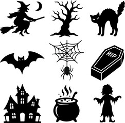 Fototapeta premium Set of Halloween Silhouette Icons, Scary Elements Including Witch, Haunted House, Bat and Spider Isolated on White