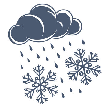 Stormy cloud with falling rain and snowflakes icon.
