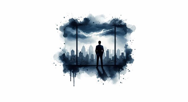 Silhouette Man Standing City Skyline Dark Stormy Night Watercolor Art