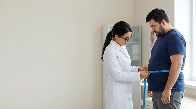 Female doctor measuring overweight man waist circumference