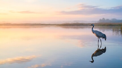 Fototapeta premium Serene crane reflected in calm lake water at dawn