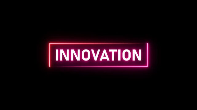 Neon innovation sign animation with glowing pink and red border on black background, for business and, technology presentations