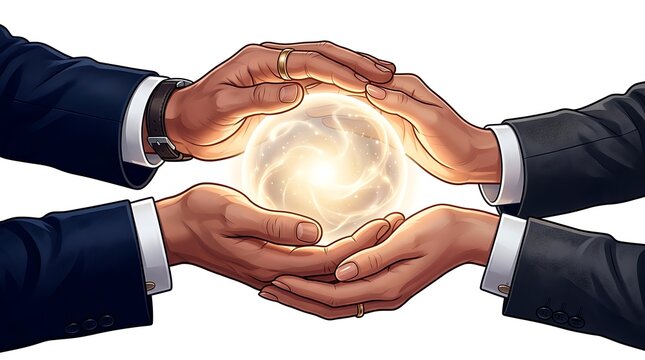 Professional hands surrounding a glowing energy sphere of success