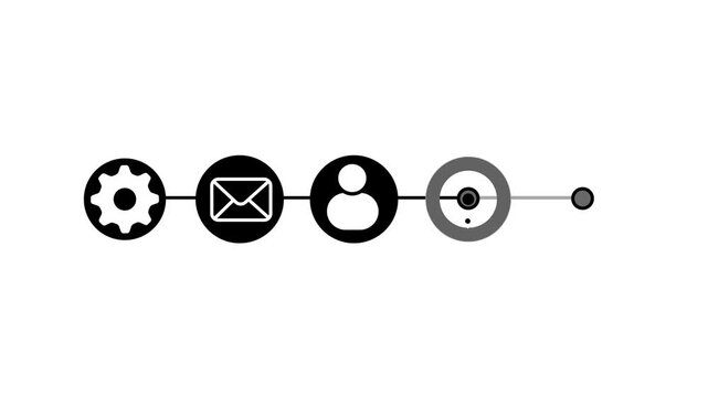 Simple Line Diagram with Gear and Email Icons and Progress Dots on White Background cogwheel envelope