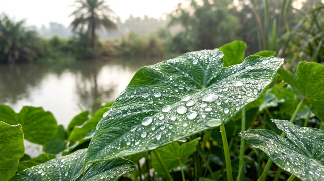 Closeup of vibrant green taro leaves covered in morning dew drops near a calm riverbank in a serene natural landscape