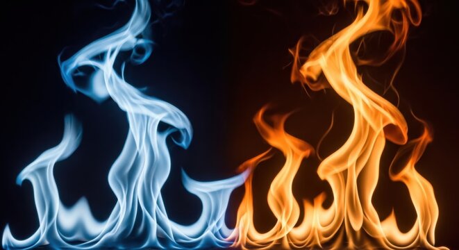 Contrasting blue and orange flames dancing against a dark background