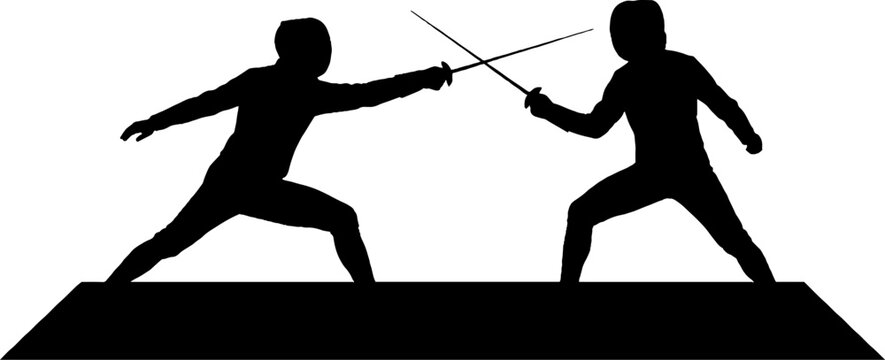 Silhouette of two fencers in a duel stance.