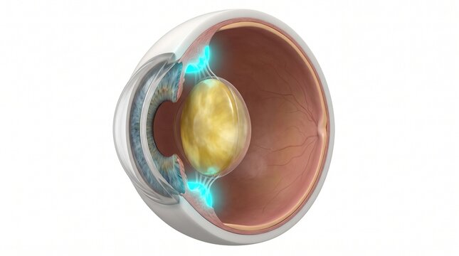 3D Anatomical Diagram of Presbyopia with Inflexible Lens and Ciliary Muscles