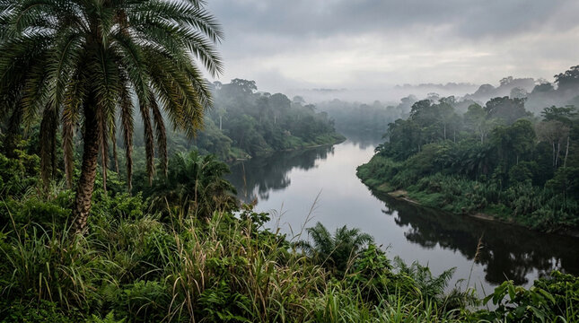 A serene river winding through a lush, misty tropical rainforest under a cloudy sky in the congo basin