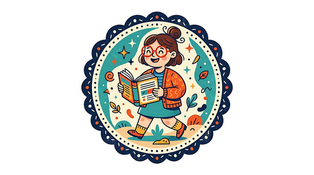 Happy textbook reader mascot badge illustration in flat vector