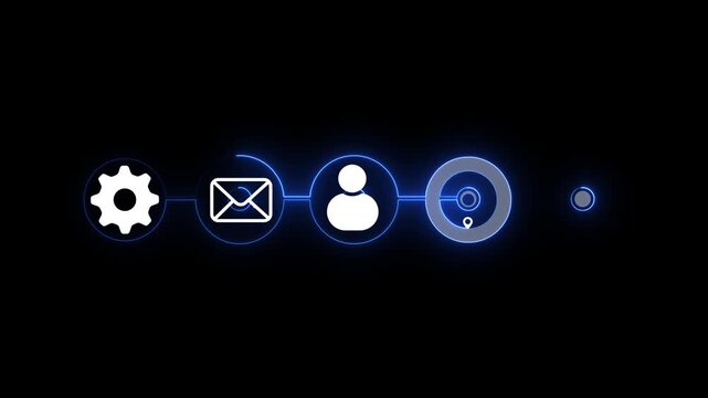 Futuristic Neon Line Diagram with Gear and Email Icons and Glowing Dots on Black Background cogwheel