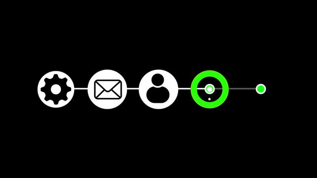 White Icons of Gear, Envelope, and Progress Dots on Black Background cogwheel settings