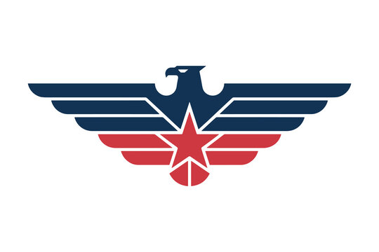 Stylized eagle logo design with a red star, featuring geometric wings in blue and red