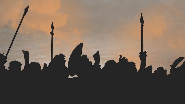 Silhouette of ancient warriors or peasants raising swords and spears against a sunset sky