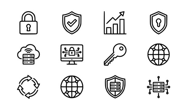 Website security and data analytics icon set black outline privacy shield and chart vector illustrations for hosting mobile apps