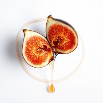Halved figs display vibrant orange interiors. Sweet nectar drips, creating delicious visual appeal. Minimalist presentation, clean background.