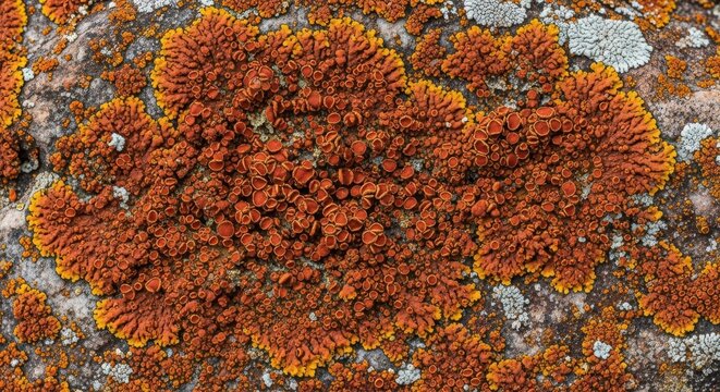Closeup of orange and grey crustose lichen on a rock surface