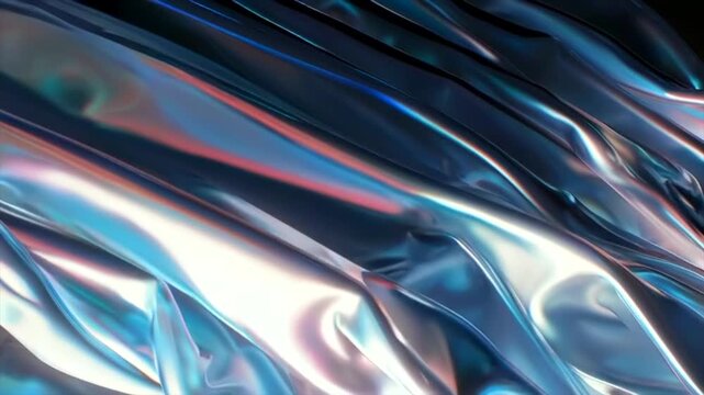 Abstract metallic liquid surface with glossy folds and iridescent reflections, fluid chrome-like material forming smooth waves, futuristic high-tech texture with dynamic highlights for backgrounds