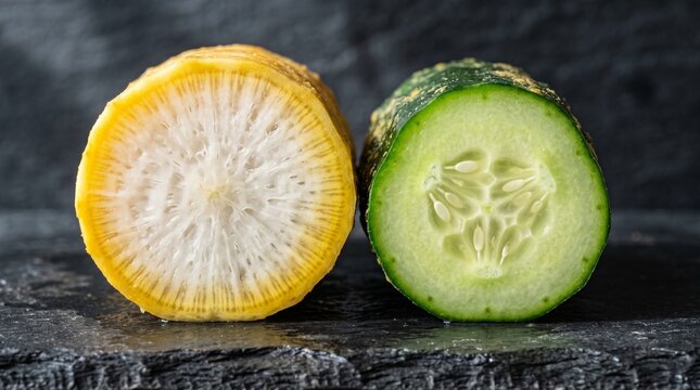 Traditional nukazuke pickle cross-section, vibrant fermented vegetable texture