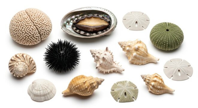 Collection of various seashells, sea urchins, and sand dollars isolated on white background