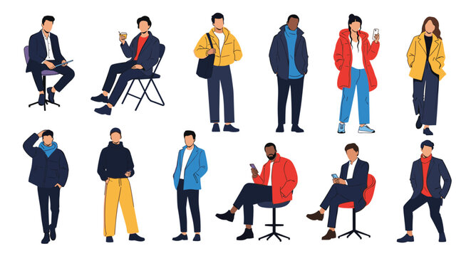 Collection of diverse people in different outfits and poses including sitting, standing, and walking characters.