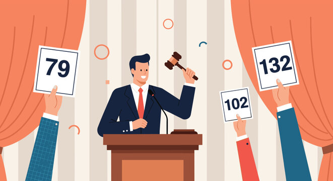 Professional auctioneer stands behind a wooden podium holding a gavel while bidders raise their paddles with numbers during an auction.
