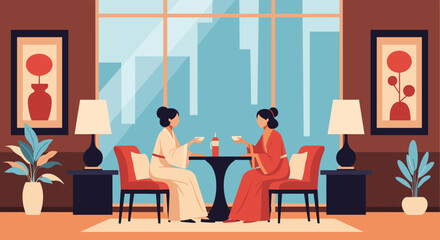 Fototapeta premium Two women wearing traditional clothing sit at a small table drinking tea inside a room with large windows overlooking a city skyline.